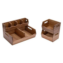 Acacia stacking storage bins set, stacked arrangement with open compartments and cutout handles