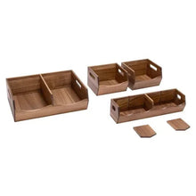 Acacia wood stacking bins set with open compartments, shown with separate pieces