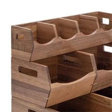 Acacia wood stacking bins with open fronts and cutout handles, close-up
