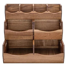 Acacia stacking storage bins set, front view of four open compartments with dividers