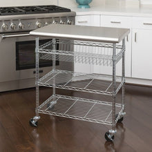 Stainless steel kitchen cart with smooth worktop, three wire shelves and locking caster wheels