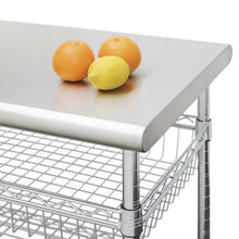 Stainless steel cart worktop with rounded edges and upper wire shelf