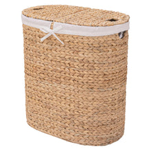 Square-edge round water hyacinth laundry hamper with white fabric liner and tied top