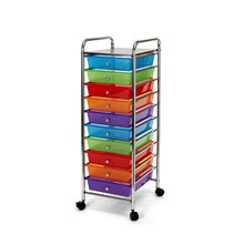 Front view of multi-color 10-drawer rolling cart with clear drawers and chrome frame