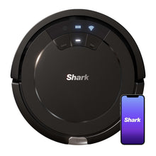 Robot vacuum with round top and status lights, black finish, Shark logo