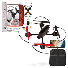 Black and red quadcopter drone with streaming camera and handheld remote controller