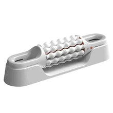 Rolling massager with ribbed roller head and handle, light gray body