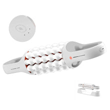 Rolling massager with ribbed roller head, remote-style control and small attachment