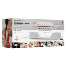 Rolling massager product box with white device pictured and roller head close-up