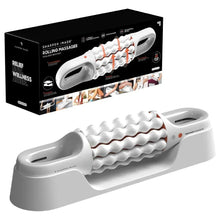 Rolling massager with ribbed rollers and handle, shown in retail box