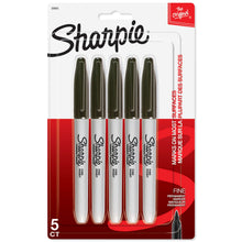 Sharpie black fine-point permanent markers, 5-pack in retail blister.