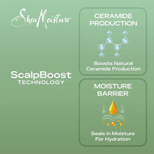 ScalpBoost technology label panel with ceramide production and moisture barrier icons