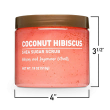 Pink coconut hibiscus shea sugar scrub jar with size markings, brown lid