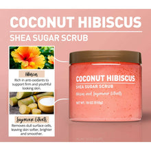 Coconut hibiscus shea sugar scrub jar with hibiscus and sugarcane notes panel