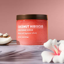 Pink coconut hibiscus sugar scrub jar with brown lid, label text visible