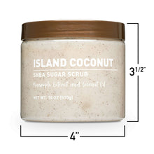Island Coconut shea sugar scrub jar with dimension marks (4 in wide); brown lid