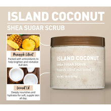 Island Coconut shea sugar scrub jar with benefit icons on box; 18 oz