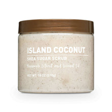 Island Coconut shea sugar scrub jar, 18 oz; speckled white scrub with brown lid
