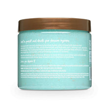 Ocean Breeze sugar scrub jar back label, turquoise container with brown lid