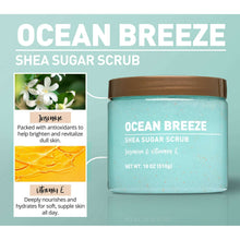 Ocean Breeze sugar scrub jar with jasmine and vitamin E callouts, turquoise with brown lid