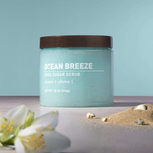 Ocean Breeze sugar scrub jar, turquoise container with brown lid
