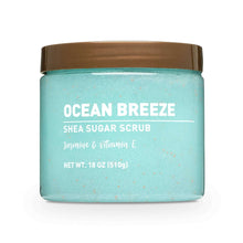 Ocean Breeze sugar scrub jar, turquoise container with brown lid and Ocean Breeze label