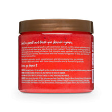 Watermelon shea sugar scrub jar showing back label text and ingredient details.