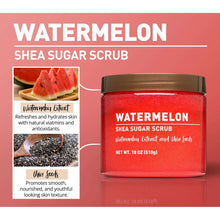 Watermelon shea sugar scrub jar featured on front-panel graphic with ingredient icons and notes.