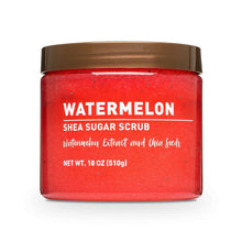 Red watermelon shea sugar scrub jar with brown lid, net wt 18 oz (510 g).