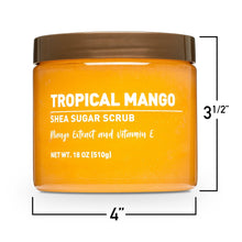 Tropical Mango shea sugar scrub jar with front label and size measurement graphic