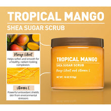 Tropical Mango shea sugar scrub jar with mango extract and vitamin E label panel