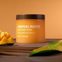Tropical Mango shea sugar scrub jar with amber orange gel and dark brown lid (18 oz)