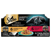 Sheba Gravy Indulgence cat food variety pack front with chicken and beef extra gravy