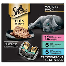 Sheba cat food variety pack box with gray cat and mix of gravy cuts