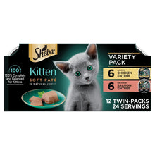 Sheba Kitten soft pate wet cat food variety pack box with 12 twin-pack trays label