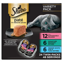 Sheba paté in natural juices variety pack with twin-pack trays and cat on box front