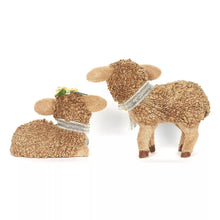 Sheep figurine pair of 2 with brown plush bodies, striped ribbon, and small green flowers