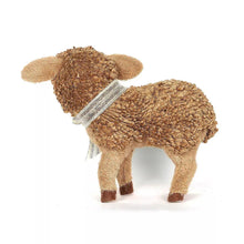 Brown plush sheep figurine with striped ribbon and small yellow flowers, set of 2