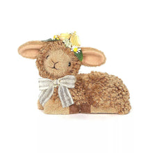 Brown plush lamb figurine with striped bow and daisy crown, set of 2