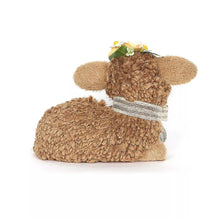 Brown plush sheep figurine on side with striped ribbon and flower crown, set of 2