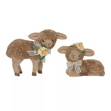 Sheep figurine pair set of 2 in brown plush with striped ribbon and flower accents