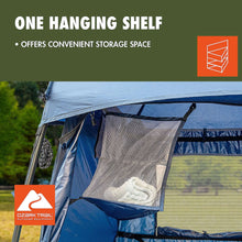Blue privacy shelter tent with hanging mesh shelf inside