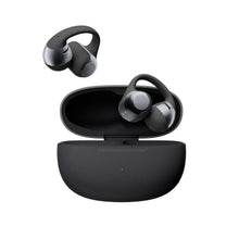 Open-ear true wireless earbuds and charging case in dark gray