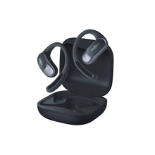 Black open-ear true wireless earbuds with charging case, ear hooks visible.