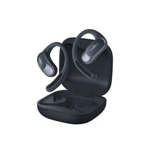 Black open-ear true wireless earbuds with charging case, ear-hook style
