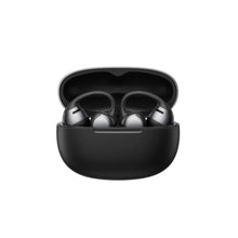 Open-ear true wireless earbuds in black charging case, ear hooks visible