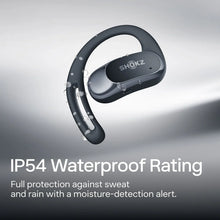 Black open-ear true wireless earbuds with ear hook and charging case, front view.