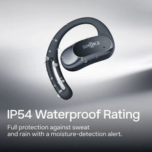 Black open-ear true wireless earbuds with charging case, ear-hook design