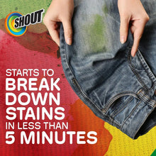 Denim jeans held up with Shout logo overlay, promoting stain breakdown in minutes