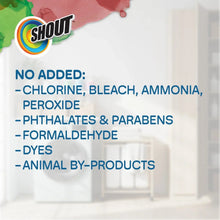 Shout stain remover promotional graphic listing no added ingredients with logo in corner.